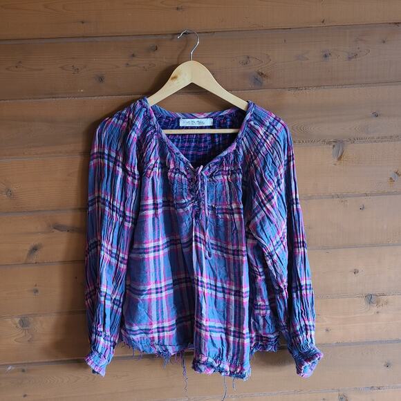 Free People Cloudbreaker Plaid Tunic Oversized Lace Up Pullover Blue Pink Medium - Picture 2 of 6